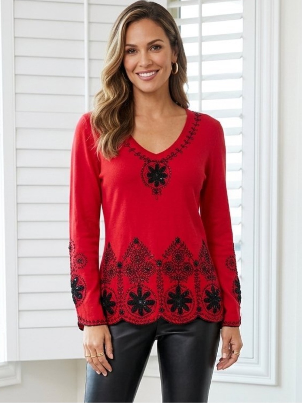 Just B Cotton Blend Red V-Neck Embroidered Appliqué Scalloped Hem Sweater Small